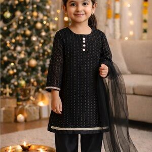 Girls Black Kurta Set Furshi Shalwar & Dupatta 2T Toddler Eid Wedding Outfit